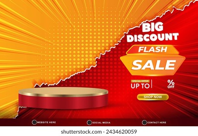 big discount flash sale template banner with blank space 3d podium for product sale with abstract gradient orange and red background design