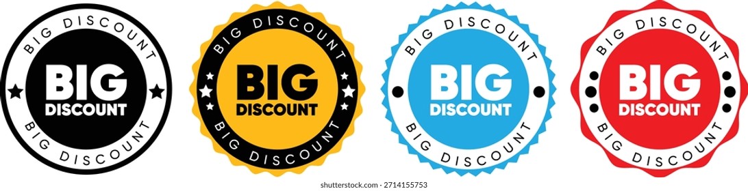 Conjunto de insignias de gran oferta de descuento - etiquetas promocionales redondas de Vector y pegatinas de venta en negro, amarillo, azul y rojo para marketing minorista y reducción de Precios