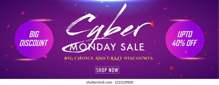 Big discount sale upto 40% flat offer on Cyber Monday Sale. Shiny purple website header or banner design.