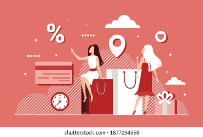 Big discount sales, loyalty program for shopping vector illustration. Cartoon woman customer character sitting on shop bags, shopaholic girls buy gifts, special offer promotion concept background