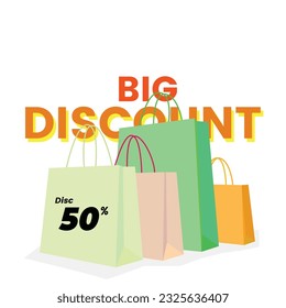 big discount shopping bag vector attract customers. product promotion, product discount logo, discount template, and discount shopping bag.