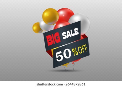 Big discount sticker with beautiful ribbon and balloons.