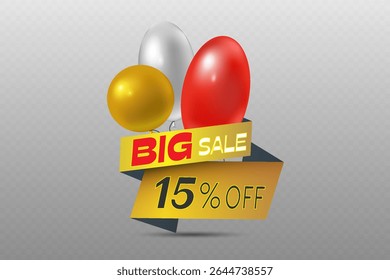 Big discount sticker with beautiful ribbon and balloons.