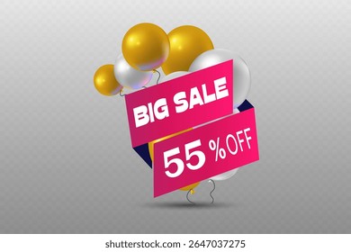 Big discount sticker with beautiful ribbon and balloons.