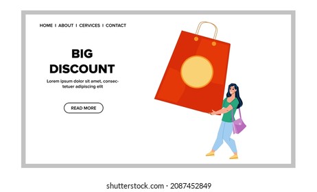 Big Discount Store Sonderangebot für Client-Vektorgrafik. Saison- oder Feiertagsrabatt, Mann Kunde mit Tag-Shop Waren zu günstigen Preisen. Illustration von Zeichentrickfilmen in Shopaholic Web