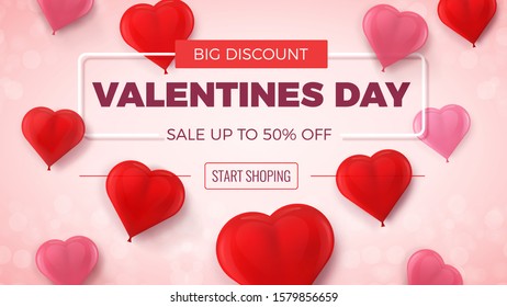 Big Discount Valentines day offer. Sale up to 50% off, banner with 3d heart shaped red and pink air balloons on blurred background