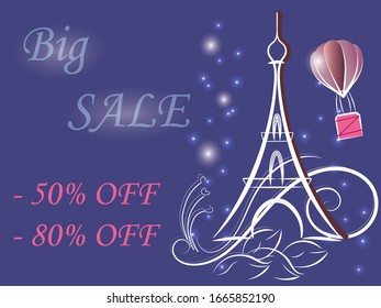 
Big discounts of 50% and 80%. The Eiffel Tower. Paris.