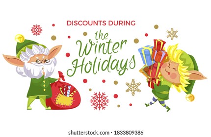 Big discounts during winter holidays, designed caption. Two elves preparing presents for kids. Fairy characters with sack of gifts for christmas eve, santa claus assistants. Vector illustration