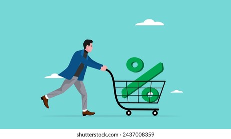 big discounts or increased dividends from stock investments with happy businessman carrying big percentage icon in shopping cart, stock market rising up from economic recovery concept illustration