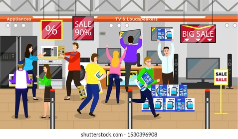 Big discounts in marketplace with electronics. Man and woman characters buying tv and appliances in store. Special sale and promotion for buyers buying gadgets in supermarket vector. Black friday
