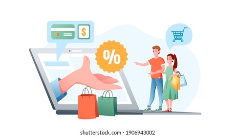 Big discounts for online shopping vector illustration. Cartoon happy shopper couple people standing near mobile device with hand holding discount percentage for payment in shop isolated on white