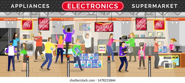 Big discounts in supermarket with electronics equipments. Appliances and tv sale, phone and camera, man and woman buying, people holding box, retail. Happy people on black friday sale or cyber monday
