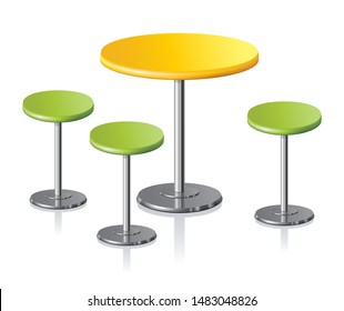 Big disk shape green pale grey stylish 3d padded board and pews stand on one shiny foot on light background. Club rest trendy retro design. Closeup side view om white tavern room floor space for text