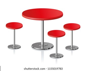 Big disk shape pale grey stylish 3d padded board and pews stand on one shiny foot on light background. Club rest trendy retro design. Closeup side view with space for text