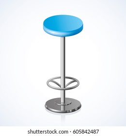 Big disk shape vivid cyan color stylish 3d barstool with one foot on white backdrop. Closeup view 