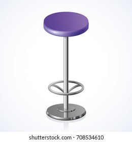 Big disk shape vivid violet color stylish 3d barstool on one shiny foot on white backdrop. Pub club object design. Close-up side view with space for text