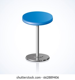 Big disk vivid indigo color stylish 3d barstool stand on one shiny foot on white backdrop. Close-up side view with space for text