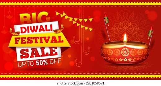 Big Diwali Festival Sale Discount Banner Design With Diya Illustration