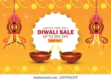 Big Diwali festival sale discount banner design with Diya illustration