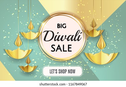 Big Diwali festival sale template banner offer design isolated in black background with golden paper origami oil lamps candles. Luxury, Vip  gold Happy Diwali traditional Indian festival greeting card