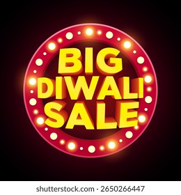 Big Diwali Sale Banner Design with Glowing Lights and 3D Bold Text on Dark Background for Indian Festival Promotion.