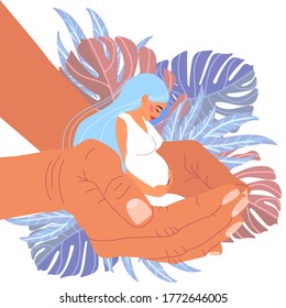 Big doctors hands holding a beautiful long-haired pregnant woman.Isolated hand-drawn vector illustration on white.Tropical plants.Women healthcare and pregnancy concept. Protection and care for women.