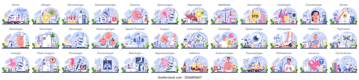 Big doctors set. Healthcare, modern medicine treatment, expertize and diagnostic. Medical specialist of different directions in the uniform. Consultation and patient recovery. Flat vector illustration