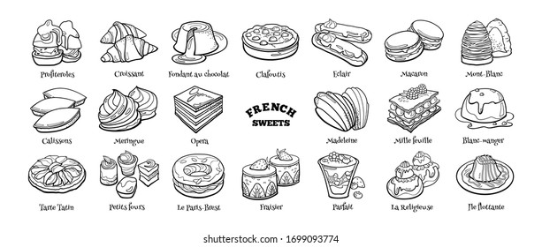 Big dodle set of french sweets. Hand drawn sketch of traditional desserts. Vector illustration on white background.
