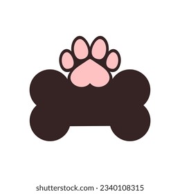 Big dog bone with space for text and dog paw print. Vector design template. Isolated on blank white background.