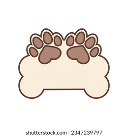 Big dog bone with space for text and small dog paw prints. Vector design template. Isolated on blank white background.