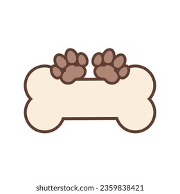 Big dog bone with space for text and dog paw prints. Vector design template. Isolated on blank white background.