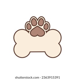 Big dog bone with space for text and dog paw print. Vector design template. Isolated on blank white background.