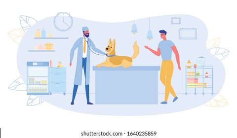 Big Dog Coming with Man to Visit Veterinarian Flat Cartoon Vector Illustration. Vet Doctor Checking Up Pet with Stethoscope. Owner Caring about Animal. Medicine and Health Concept.