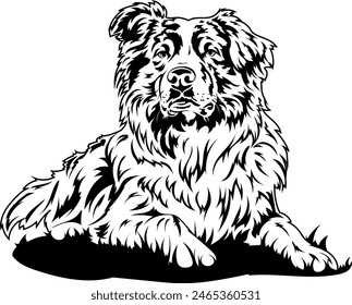 A big dog lies on the grass. Vector outline illustration without background