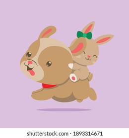 The big dog with the red necklace is running with the rabbit on his back of illustration