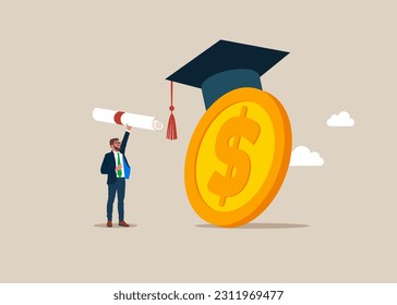 Big dollar coin wearing academic graduation mortarboard hat. Payment for education. Tuition fees, scholarship. Businessman student with diploma. Vector illustration