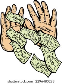 Big dollars banknotes money in your hands. Finance business, commerce, payment economy  theme for poster print, vector elements. Take or give loan. Hand drawn illustration. Cartoon style drawing.