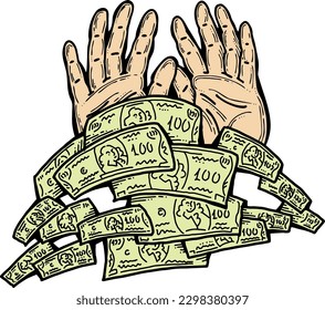 Big dollars banknotes money in your hands. Finance business, commerce, payment economy  theme for poster print, vector elements. Take or give loan. Hand drawn illustration. Cartoon style drawing.