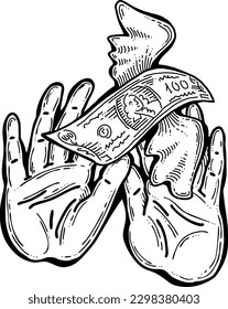 Big dollars banknotes money in your hands. Finance business, commerce, payment economy  theme for poster print, vector elements. Take or give loan. Hand drawn illustration. Cartoon style drawing.