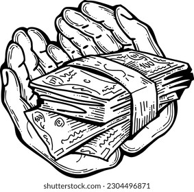 Big dollars banknotes money in your hands. Finance business, commerce, payment economy  theme for poster print, vector elements. Take or give loan. Hand drawn illustration. Cartoon style drawing.