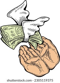 Big dollars banknotes money in your hands. Finance business, commerce, payment economy  theme for poster print, vector elements. Take or give loan. Hand drawn illustration. Cartoon style drawing.