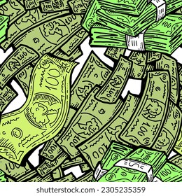 Big dollars banknotes money in your hands. Finance business, commerce, payment economy  theme for poster print, vector elements. Take or give loan. Hand drawn illustration. Cartoon style drawing.