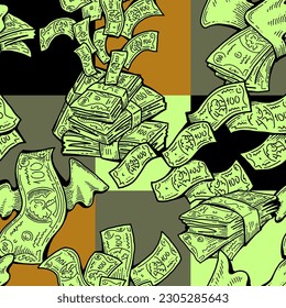 Big dollars banknotes money in your hands. Finance business, commerce, payment economy  theme for poster print, vector elements. Take or give loan. Hand drawn illustration. Cartoon style drawing.