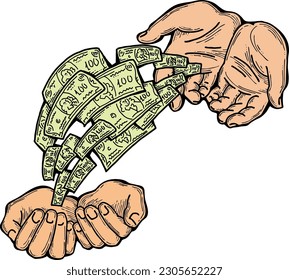Große Dollar Banknoten Geld in Ihren Händen. Finanzgeschäft, Handel, Zahlungsökonomie Thema für Plakatdruck, Vektorelemente. Nehmen Sie ein Darlehen oder geben Sie es. Handgezeichnete Illustration. Zeichnen im Cartoon-Stil.