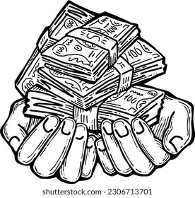 Big dollars banknotes money in your hands. Finance business, commerce, payment economy  theme for poster print, vector elements. Take or give loan. Hand drawn illustration. Cartoon style drawing.
