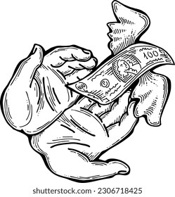 Big dollars banknotes money in your hands. Finance business, commerce, payment economy  theme for poster print, vector elements. Take or give loan. Hand drawn illustration. Cartoon style drawing.