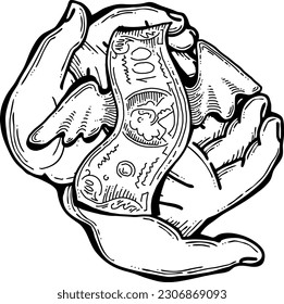 Big dollars banknotes money in your hands. Finance business, commerce, payment economy  theme for poster print, vector elements. Take or give loan. Hand drawn illustration. Cartoon style drawing.
