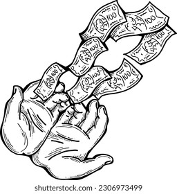 Grandes dólares billetes dinero en tus manos. Negocios de finanzas, comercio, economía de pagos tema para la impresión de afiches, elementos vectores. Toma o presta un préstamo. Ilustración dibujada a mano. Dibujo al estilo de la caricatura.