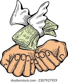 Big dollars banknotes money in your hands. Finance business, commerce, payment economy  theme for poster print, vector elements. Take or give loan. Hand drawn illustration. Cartoon style drawing.