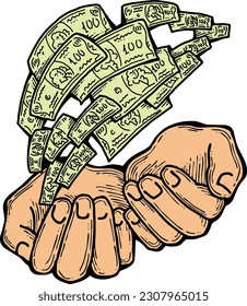 Big dollars banknotes money in your hands. Finance business, commerce, payment economy  theme for poster print, vector elements. Take or give loan. Hand drawn illustration. Cartoon style drawing.